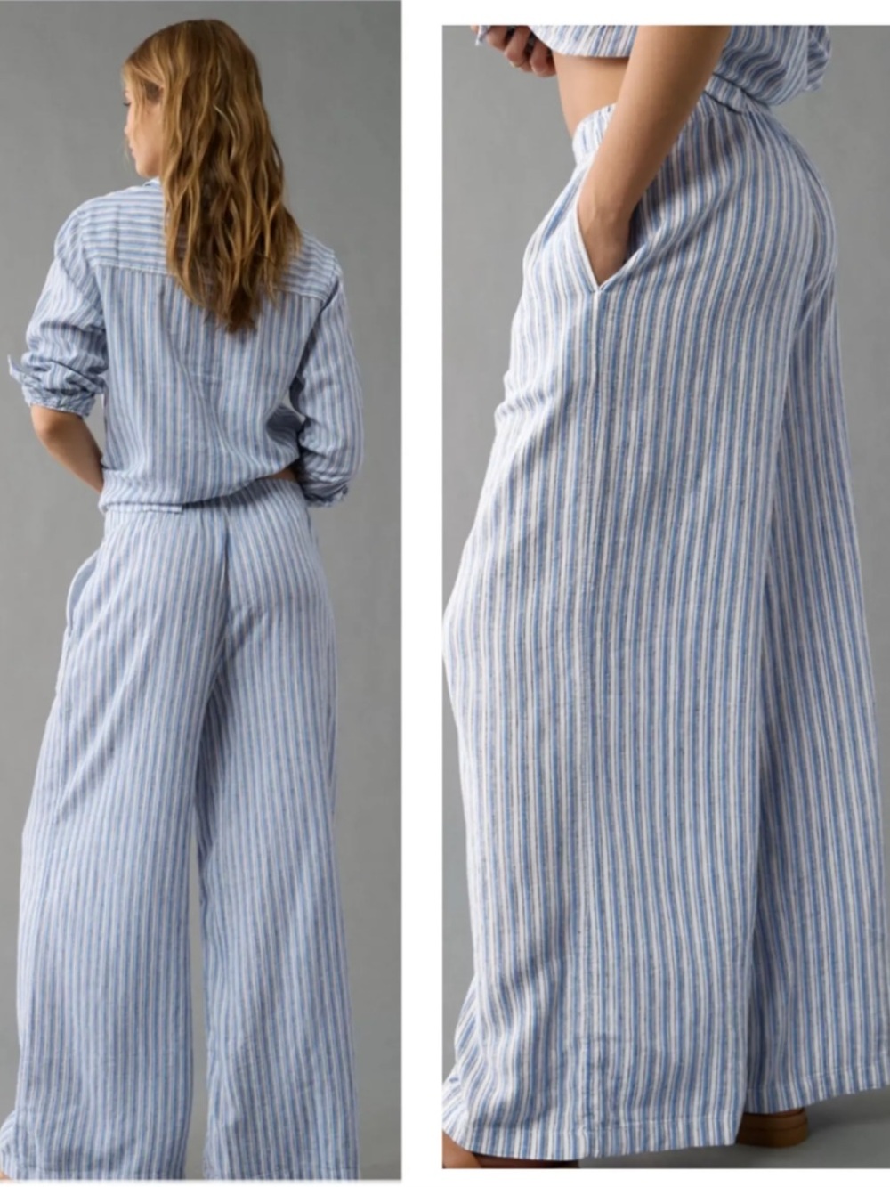 American Eagle Outfitters Blue & White Str. Linen Blend Wide-Leg Pull-On Pants